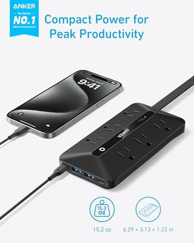 Anker Power Strip with 300J Surge Protector, 5ft Outlet Extender, 20W, 6AC - 1