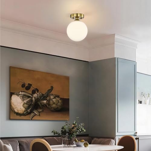 Image of Alighting Gold Semi Flush Mount Ceiling Light, 7 inch Opal Glass Globe
