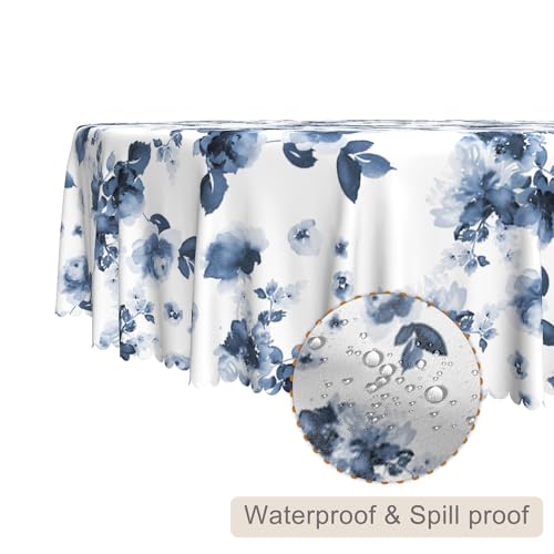 TTQYFNM Watercolor Blue Floral Round Tablecloth 60 Inch Navy Blue and White Circular Table Cover Waterproof Stain Resistant Table Cloth for Home Kitchen Dining Room Patio Indoor Outdoor Party Supplies by TTQYFNM - Used condition - Image 2