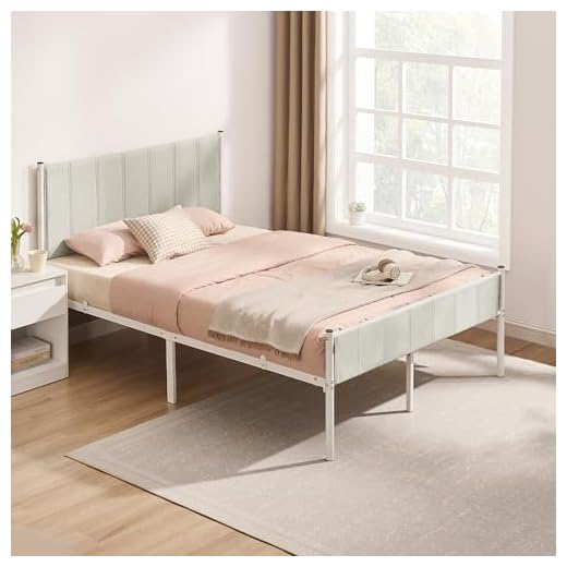 VASAGLE Cadre de Lit Double, 140 x 190 cm, avec Tête de Lit Rembourrée, en Acier, Supporte Jusqu'à 500 kg, Montage Facile, Beige Cappuccino RMB973W01