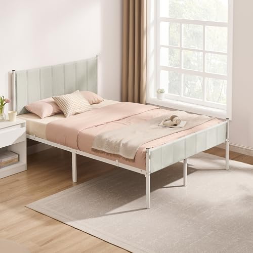 VASAGLE Cadre de Lit Double, 140 x 190 cm, avec Tête de Lit Rembourrée, en Acier, Supporte...