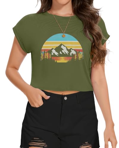 Image of Womens Crop Tops Summer Roll Cap Sleeve Cropped Tshirt Loose Fit Basic Tees