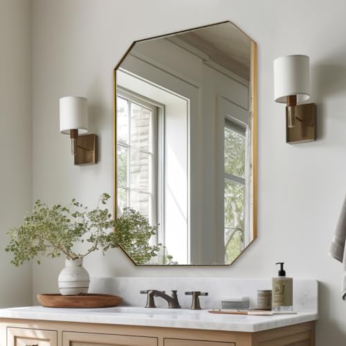 Image of ANDY STAR Gold Octagon Bathroom Mirror, 24x36 Inch Stainless Steel Metal Frame, Anti-Rust, Shatterproof HD Glass, Wall Mounted for Bathroom, Bedroom, Living Room