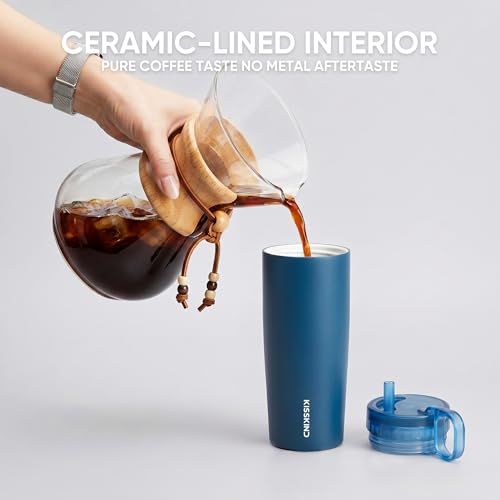 Image of KISSKIND 24 Oz Iced Coffee Tumbler with Hidden Straw, Insulated Stainless Steel Coffee Tumbler, Leakproof Ceramic Lined Travel Cup for Subway Commuting, Slim Cold Brew Tumbler for To-Go, Americano