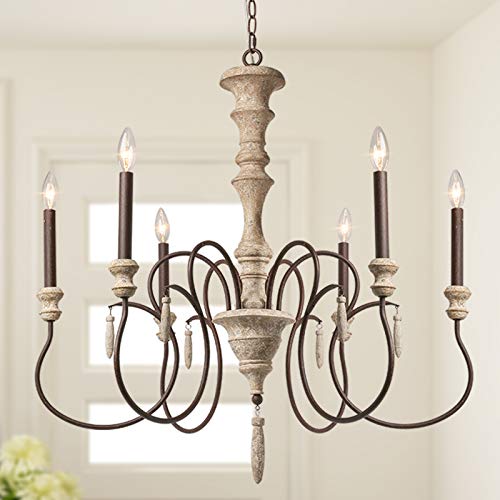 Laluz Farmhouse Chandelier, French Country Chandelier For Dining Room, 6-Light, Handmade Distressed Wood, 31”Dia #TOP15