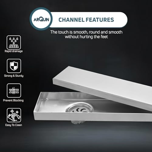 Image of ARQUIN Tile Insert Shower Drain Channel 24x4 Inch Bathroom Tile Insert Drain | 304 Grade Stainless Steel Waste Water Marble Floor Drain Channel with Cockroach Trap (1mm Thickness)