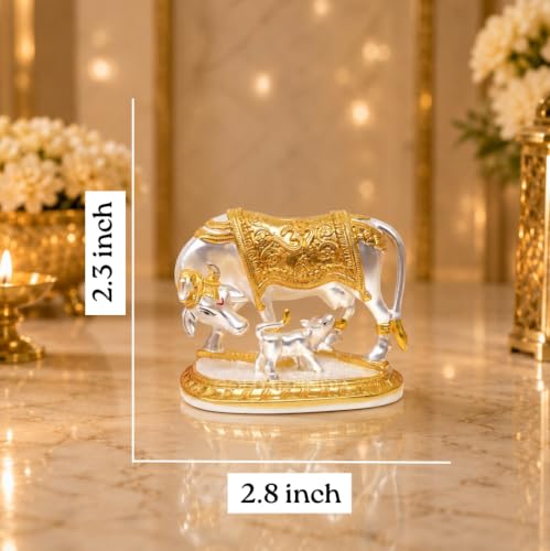 Image of Gold Art India Kamdhenu Cow with Calf Idol | 999 Silver Plated & 24KT Gold Plated | Two Tone Matte Finish | Premium Peacock Green Velvet Gift Box | Vastu Cow Statue for Home Temple & Spiritual Gifting
