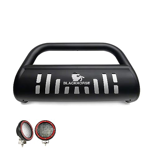 Image of Black Horse Bull Bar Incl. pair of 5.3 inchDia.LED Lights w / Red Trim Rings Skid Plate Matte Black Compatible with 2016-2023 Jeep Renegade-BBJPREA-SP-PLFR