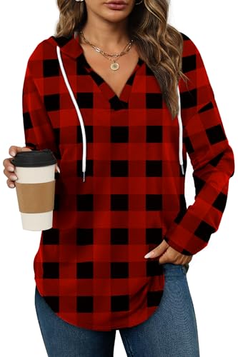 Aokosor Womens Hoodies Sweatshirts for Women Tops Fashion Oversized Sweatshirts Long SLeeve Tops Plus Size 18-20 Red Black Plaid XL