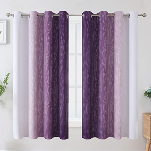Estelar Textiler Purple and Greyish White Blackout Curtains 63 Inch Length 2 Panels Set, Room Darkening Grommet Ombre Curtains for Bedroom, Thermal Insulated Light Blocking Gradient Drapes,52Wx63L