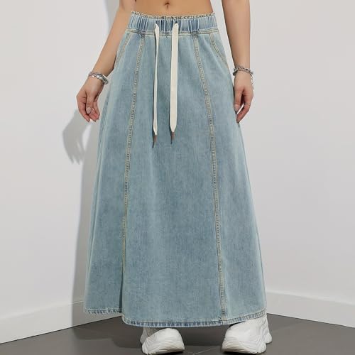 Women's Plus Size Vintage Washed Denim Maxi Skirt High Waist Elastic Drawstring Loose Flared for Summer Trendy2