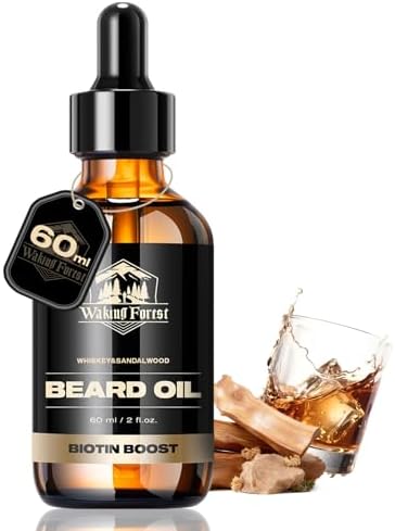 Waking Forest Sandalwood & Whiskey Beard Oil for Men - Biotin Mustache Oil with Vitamin E, Rosemary & Castor - Beard Care Softener, Strengthens, and Moisturizes - Beard Conditioner (2 oz)