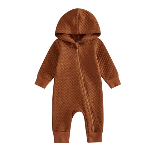 Image of BemeyourBBs Newborn Baby Boy Girl Fall Winter Clothes Zipper Hooded Romper Cute Long Sleeve Jumpsuit Warm One Piece Outfit
