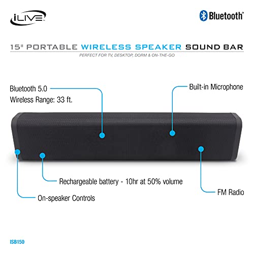 Ilive 15 Inch Portable Wireless Speaker Sound Bar, Rechargeable Battery, Built In Microphone, Black (Isb150B) #TOP2