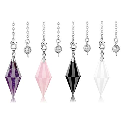 PESOENTH 3pc Amethyst Rose Quartz Black Obsidian Clear Crystal Dowsing Pendulums Divination Set,Natural Semi Precious Gemstone Reiki Chakra Healing Stone Quartz Points Pendants Chain PESOENTH 3pc Amethyst Rose Quartz Black Obsidian Clear Crystal Dowsing Pendulums Divination Set,Natural Semi Precious Gemstone Reiki Chakra Healing Stone Quartz Points Pendants Chain