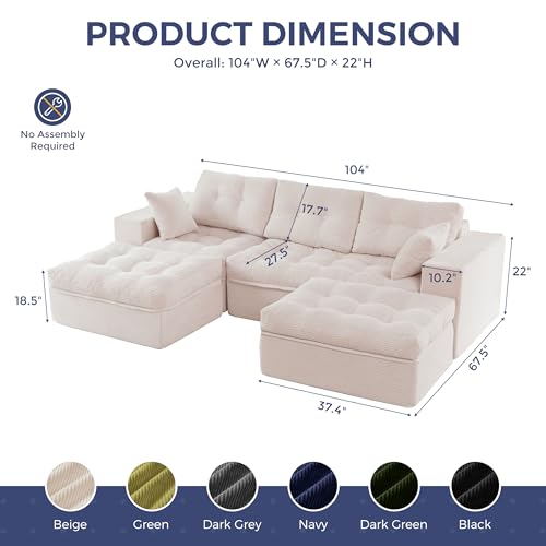 Image of MAXYOYO 104 inch U Shaped Modular Sectional Sofa with 2 Ottomans, Cloud Boneless Couch with Layered Cushion, Flexible Module Combination Sofa for Living Room, No Assembly Required, Beige