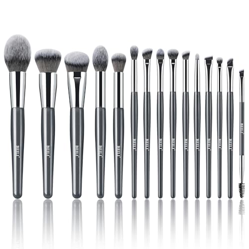 BEILI Pinceaux Maquillages 15 PCS Set Pinceaux Maquillage Brosse Maquillage Pinceau Végétaliens Fond de Teint Poudre Contour Fard Paupières Surbrillance Blush Correcteu Sourcil Liner-gris bleu