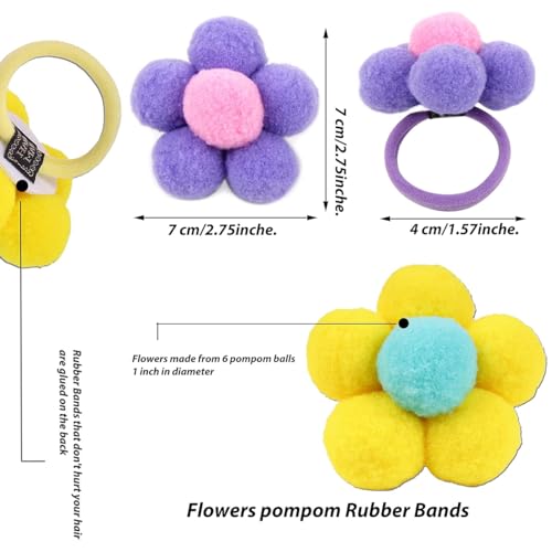 12pcs Flower Pom Poms Fluffy Ponytail Holders with Balls - Hair Accessories for Girls