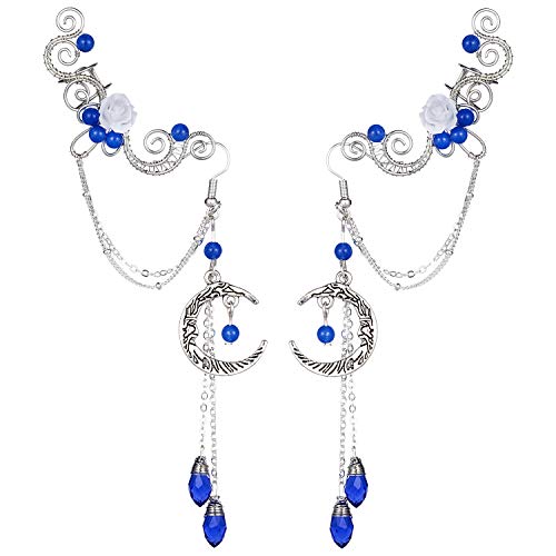 Aifeer Elven Elf Ear Cuffs,Handcraft Pierced Filigree Wrap Earrings Ear Cuffs for Women Bridal Wedding Flower Moon Jewelry Dangle Drop Threader Tassel Chain (Blue)