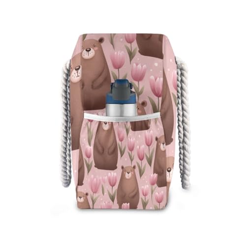 OTVEE Brown Bear and Pink Tulip Patterns Beach Bags for Women Ladies Large Canvas Tote Shoulder Bag Waterproof Travel Bags for Gym Swim Pool Camping3