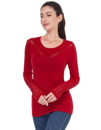 Image of AmelieBoutik Women Crew Neck Eyelet Trim Long Sleeve Knit Top Sweater