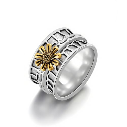 White Gold Plated Ancient Silver Cubic Zirconia Sunflower Design Wide Statement Ring Personalized Accessory Ideal for Women's Daily Casual Wear Party Holiday Anniversary Love Jewelry Gift3