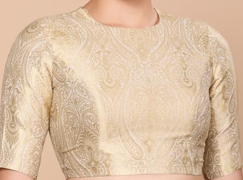 Image of Studio Shringaar Women Brocade Silky Jewel Neck Readymade Elbow Length Sleeve Saree Blouse