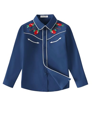 Girls Western Cowgirl Shirt Long Sleeve Retro Floral Embroidered Collared Button Down Blouse Tops for Country Outfit