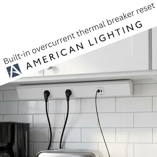 American Lighting Atom Power Strip 18 pulgadas 120V perfil bajo con 2 tomas resistentes a manipulaciones USB-A USB-C cableado fijo acabado blanco para uso interior miniatura 2