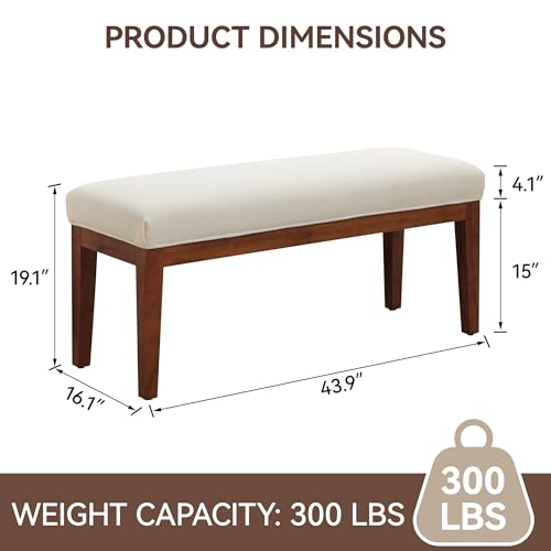 Image of WUTUTUEE 43.5'' Linen Bedroom Bench, Upholstered End of Bed Bench, Padded Vintage Dining Bench, Entryway Bench with Solid Wood Legs, Kitchen, Living Room, Hallway, White