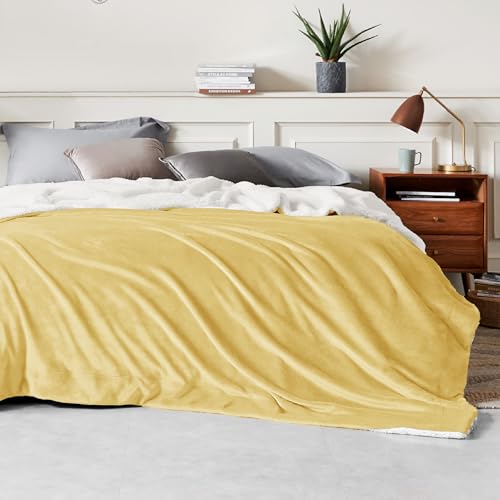 Image of Bedsure GentleSoft Sherpa Fleece Blanket Queen Size for Bed, Non-Heated, Thick and Warm Throw for Women and Men, Soft Fuzzy Plush Queen Blanket for Winter, Yellow, 90x90 Inches