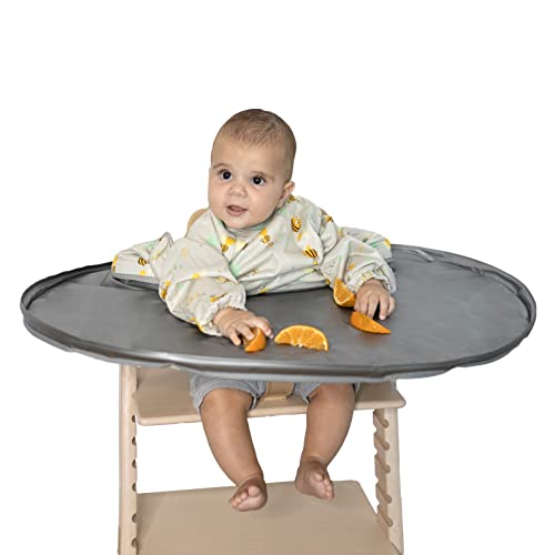 Bandeja y babero Baby Led Weaning, fácil de limpiar e impermeable, resistente con funda para guardar. (Gris)
