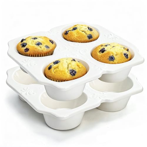 Hiceeden 2 Pack 4-Cup Ceramic Muffin Pan, Nonstick Muffin Tin with Handle, Ceramic Cupcake Baking Pans with Embossed Pattern for Muffin, Cupcake, White, 7.5