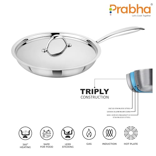 Image of Prabha Stainless Steel Fry Pan with Lid, Kitchen Fry Pan, Tri-Ply Layer Coating, 24cm, 1.6L Capacity, Induction and Gas Stove Suitable