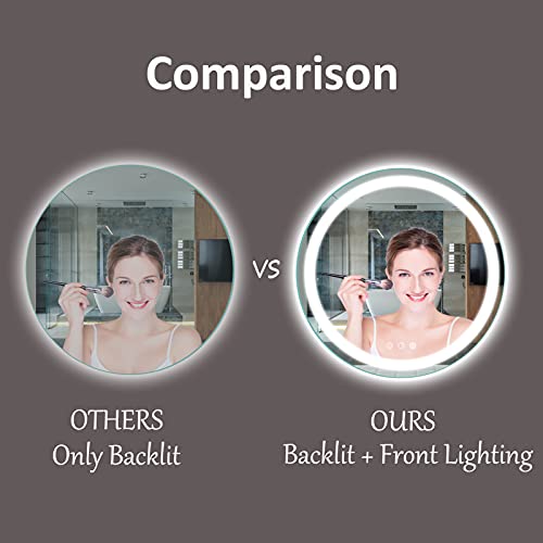 Amorho Led Bathroom Mirror Round 28", Backlit + Front Lights Circle Dimmable Vanity Mirrors For Wall, Frameless, Shatter-Proof, Anti-Fog, 3 Colors Ajusted #TOP2
