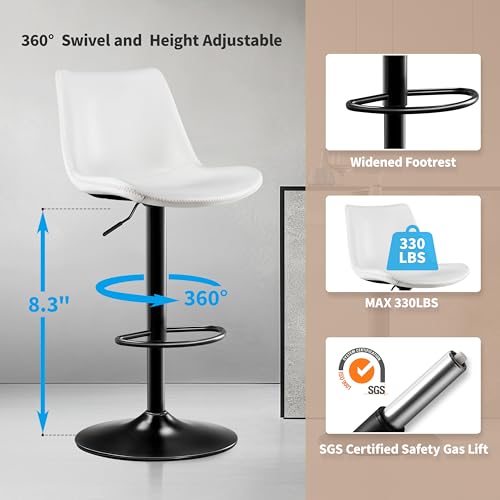 Butacos ajustables STOOLINK, juego de 2 unidades, tapizados en microfibra de cuero con respaldo y giro de 360°, con reposapiés de 7,3 pulgadas, altura para barra, asiento de 17,5 pulgadas de ancho, color blanco miniatura 7