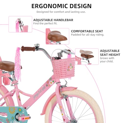 Image of JOYSTAR Little Daisy Kids Bike for Girls Boys Ages 2-10 Years, 12 14 16 20 Inch Girls Bikes with Doll Bike Seat & Streamers, Boys Bike with Flag & Number Plate, Multiple Colors