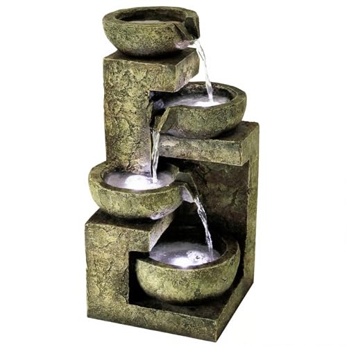 GEEZY Garden Water Feature 4 Tier Fountain with LED Lights Mains Powered Self-Contained Indoor & Outdoor Easy Setup Cascading & Tranquil Great for Garden Home Patio & Balcony Decor