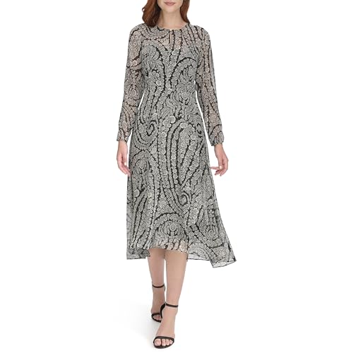 Image of Tommy Hilfiger Women's Long Sleeve Keyhole Neck Chiffon Hi-lo Midi Dress