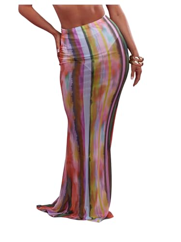 GORGLITTER Women's Y2k Cheetah Mesh Maxi Skirt Leopard Animal Print Tropical Bodycon Long Skirts