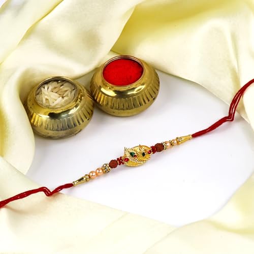 Image of Oblivion Ganesha Motif Rakhi Set of 2 for Brother with Oval Leaf Silver Colour Coin Design, Pooja Coin, Tilak Set and Greeting Card for Raksha Bandhan