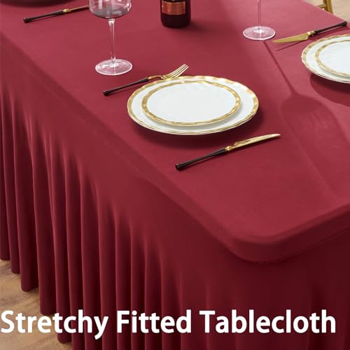 Image of Spandex Burgundy Table Clothes for 8 Foot Rectangle Tables, Wrinkle Free Fitted Tablecloth Cover 8ft Maroon Stretchy Tablecloths Desk Skirt for Parties Weddings Birthday Banquet Baby Shower