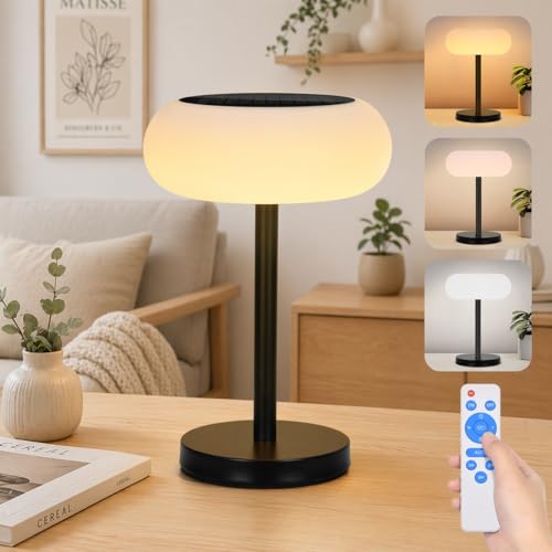 Rosnek Lampe de Table Solaire LED Sans Fil, Batterie 4000mAh, 3 Modes de Couleur & Gradation Continue, Étanche IP65 avec Télécommande, Recharge USB-C &...