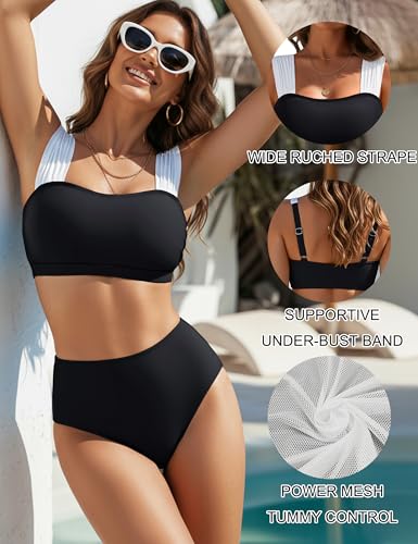 Image of Blooming Jelly Women High Waisted Bikini Sets Color Block Tummy Control Swimsuits Retro Square Neck Sporty Bathing Suit