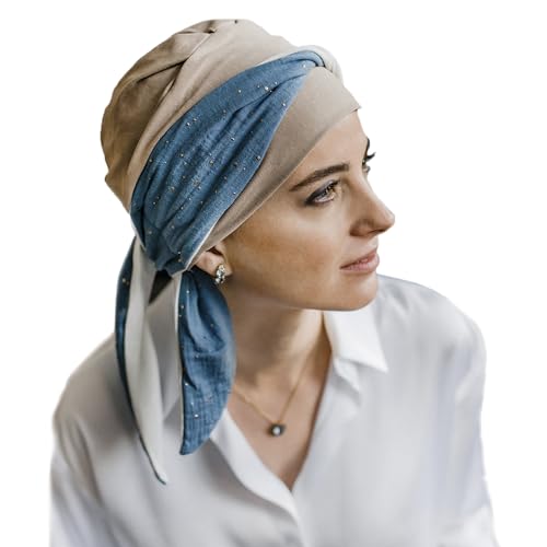 Turban de style chimio en bambou pour le quotidien bleu et blanc