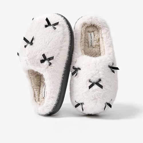 Cute Bow Fuzzy Slippers for Women, Fluffy Plush Warm House Slippers2