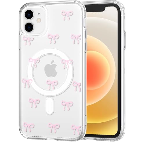 TVVTPU Magnetica Cover per iPhone 12/12 Pro Compatibile con MagSafe, Custodia Trasparente con Motivo a Fiocchi Silicone TPU Bumper Protezione Antiurto Antigraffio Case, Rosa