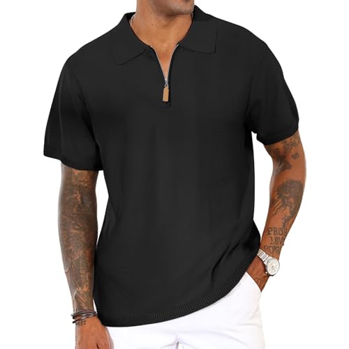 Men's Casual Zipper Polo Shirts Regular Fit Short Sleeve Knitting Shirts Stretchy Golf Shirts