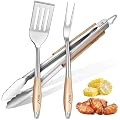 TIVOLI 3PCS Grilling Accessories, Heavy Duty BBQ Tool Set with Stainless Steel Spatula, Tongs, Fork, Wood Handles Barbecue Utensils Kit for Outdoor, Perfect Grill Gifts for Dad Men
