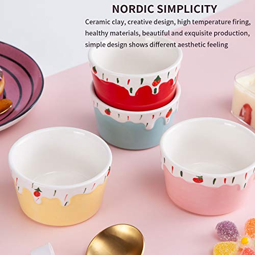 Ceramic Souffle Dishes Ramekins Dish Dessert Bowls, Jemirry 3.5 inch Ice Cream Strawberry Style Ramekins Bowls for Cupcake Pudding Creme Brulee Baking, Colorful-set of 4 - Thumbnail 7
